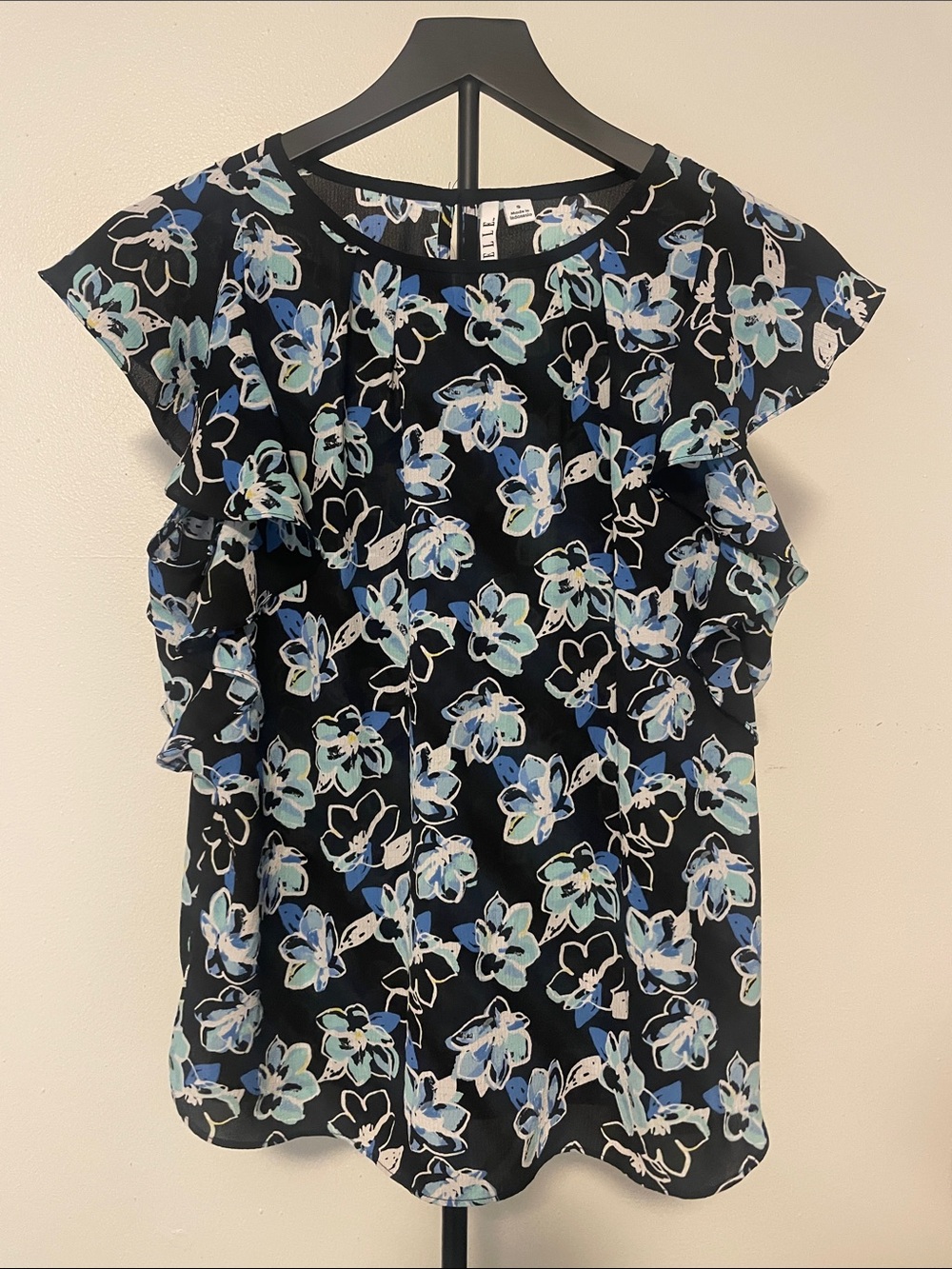 Elle Black Floral Flutter Sleeve Blouse with Blue & White Blossoms